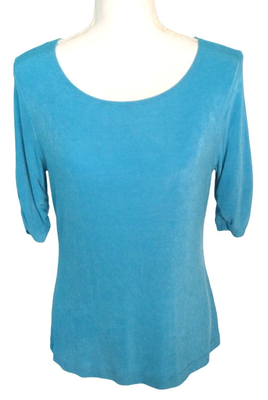 Travelers Chico's Women's Short Sleeve Aqua Blue Stretch Shirt Size Small ( 1 )